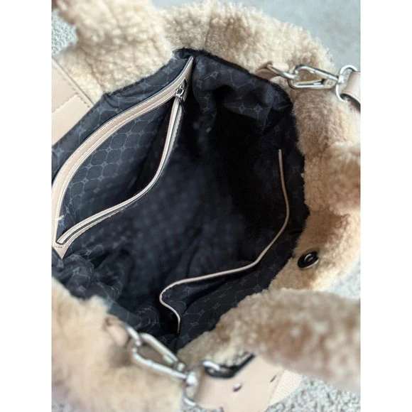 BCBGeneration Faux Shearling Colorblock small Tote Bag Tan Beige Crossbody - Picture 5 of 10